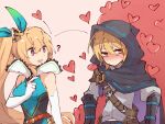  ? alex_(dragalia_lost) alonemistrist bare_shoulders belt black_gloves blonde_hair blue_dress blush closed_mouth dragalia_lost dress elbow_gloves elisanne gloves hair_between_eyes heart highres hood hood_up long_hair looking_at_another open_mouth purple_eyes red_eyes short_hair side_ponytail sweatdrop upper_body very_long_hair white_gloves yuri 