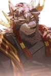  1boy animal_ears bara face facial_hair furry furry_male goatee hachi_duchi hair_between_eyes highres male_focus mature_male muscular muscular_male short_hair smile solo temujin_(housamo) tokyo_afterschool_summoners upper_body wolf_boy wolf_ears 