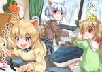  +_+ 3girls :d :t animal_ears bangs blonde_hair blue_eyes blurry blurry_background blush breasts brown_hair brown_sailor_collar brown_shirt calligraphy_brush cat_ears cat_girl cat_tail chopsticks closed_mouth commentary_request curtains day depth_of_field eating eyebrows_visible_through_hair food green_sweater hair_between_eyes hair_ornament hair_scrunchie highres holding holding_chopsticks holding_paintbrush indoors kadomatsu kagami_mochi long_hair low_twintails multiple_girls original paintbrush pleated_skirt red_eyes red_hair red_scrunchie sailor_collar scrunchie shirt sitting skirt small_breasts smile sora_(silent_square) sweater tail thighhighs translation_request twintails very_long_hair wavy_mouth white_legwear white_sailor_collar white_skirt window 