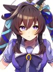  1girl amano_(amano_miko) animal_ears blue_ribbon bow bowtie brown_hair ear_covers hair_between_eyes hair_ribbon highres horse_ears horse_girl horseshoe_ornament long_hair looking_at_viewer multicolored_hair pout puffy_short_sleeves puffy_sleeves purple_bow purple_bowtie purple_eyes purple_serafuku purple_shirt ribbon sailor_collar sailor_shirt school_uniform serafuku shirt short_sleeves simple_background single_ear_cover solo streaked_hair tracen_school_uniform twintails umamusume upper_body vivlos_(umamusume) white_background white_hair white_headwear 