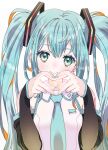  1girl 39 blue_eyes blue_hair blush collared_shirt detached_sleeves earrings hair_ornament hatsune_miku hatsune_miku_(vocaloid4) heart heart_hands highres jewelry kawamitsu long_hair long_sleeves looking_at_viewer miku_day nail_polish necktie shirt smile solo twintails upper_body vocaloid 