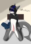 absurd_res animal_genitalia animal_penis anthro bed blue_eyes blue_hair cetacean cetacean_genitalia cetacean_penis dolphin fin furniture genitals grey_body grey_skin hair hi_res kaito_(kaito_aoi) kaito_aoi male mammal marine penis slit slit_day solo tail tail_fin tapering_penis toothed_whale