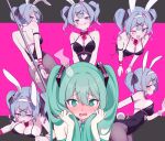  1girl 4_m_lacra :p @_@ absurdres blue_hair blush breasts green_eyes green_hair hatsune_miku highres holding_own_hair medium_breasts multiple_persona multiple_views one_eye_closed playboy_bunny rabbit_hole_(vocaloid) sexually_suggestive tongue tongue_out twintails vocaloid 