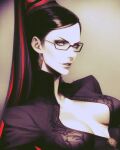  1girl bayonetta bayonetta_(series) bayonetta_1 beehive_hairdo black_hair bodysuit breasts cleavage earrings glasses hair_ribbon highres jewelry light_smile long_hair looking_at_viewer makeup medium_breasts mole mole_under_mouth portrait red_ribbon ribbon simple_background smile solo tokyo_or_die 