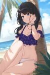  1girl absurdres beach bikini black_hair blue_bikini blue_eyes blue_sky blush bracelet breasts cloud collarbone day highres horizon idolmaster idolmaster_shiny_colors jewelry kazano_hiori long_hair low_twintails medium_breasts mole mole_under_mouth navel ocean off-shoulder_bikini off_shoulder official_alternate_costume official_alternate_hairstyle open_mouth outdoors palm_tree sand short_sleeves side-tie_bikini_bottom sitting sky solo swept_bangs swimsuit tree twintails two-tone_bikini wanimaru water white_bikini 