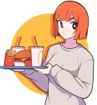  1girl absurdres black_eyes bob_cut breasts brown_sweater burger commentary cup disposable_cup eyebrows_hidden_by_hair food french_fries highres holding holding_tray jeff_miga large_breasts mcdonald&#039;s mother_(yoru_mac) orange_hair smile solo sweater tray upper_body yoru_mac 