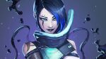  1girl apex_legends black_hair black_lips blue_bodysuit blue_eyes blue_hair bodysuit cable catalyst_(apex_legends) clothing_cutout eyebrow_piercing hair_behind_ear highres liquid looking_at_viewer multicolored_hair piercing portrait shoulder_cutout smile solo soratobukameee streaked_hair 