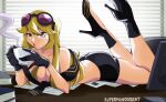  1girl artist_name black_gloves black_shorts blonde_hair book breasts brown_eyes cup digimon digimon_story:_cyber_sleuth english_commentary eyewear_on_head gloves high_heels highres kuremi_kyouko large_breasts long_hair lying office on_stomach open_mouth paper scarf shorts solo sunglasses supermondobeat table topless 