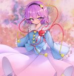 1girl absurdres black_hairband blue_shirt closed_mouth commentary_request frilled_sleeves frills hairband heart highres komeiji_satori long_sleeves looking_at_viewer pink_skirt shirt short_hair skirt smile solo sugar_you third_eye touhou 