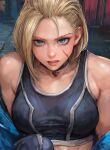  1girl black_choker blonde_hair blue_eyes cammy_white choker highres looking_at_viewer miche parted_lips scar scar_on_face solo street_fighter street_fighter_6 