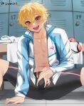  1boy :d artist_name bench bike_shorts black_shorts blonde_hair blurry blurry_background blush bulge commentary english_commentary free! g1_(jjw00123) goggles hand_on_own_crotch hazuki_nagisa highres indoors jacket locker locker_room looking_at_viewer male_focus navel open_clothes open_jacket paid_reward_available red_eyes short_hair shorts sitting smile solo spread_legs swim_goggles tile_floor tiles towel twitter_username unworn_goggles white_jacket 
