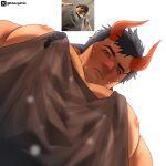  1boy all_saints_street animal_ears bara black_hair dark-skinned_male dark_skin demon_boy demon_horns facial_hair foreshortening goatee_stubble highres horns kheng0122 large_pectorals light_smile looking_at_viewer looking_down male_focus meme muscular muscular_male nick_holt nipple_slip nipples pectoral_cleavage pectoral_focus pectorals photo-referenced photo_inset reference_inset short_hair sidepec solo stubble tank_top thick_eyebrows upper_body yur_oc_like_this_(meme) 