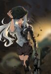  1girl android g11_(girls&#039;_frontline) girls&#039;_frontline grey_hair hair_over_one_eye hat highres holding holding_weapon long_hair mechanical_parts mush shorts solo weapon yellow_eyes 