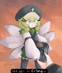  1girl 1other :3 absurdres ahoge beret black_shirt chocomint_(iesonatana) english_text fairy fairy_wings go_do_a_crime_(meme) green_eyes green_necktie gun hair_ornament hairclip handgun hat highres holding holding_weapon iesonatana long_sleeves loose_necktie medium_hair meme necktie original pov shirt sleeves_past_fingers sleeves_past_wrists solo_focus touhou weapon wings wooden_floor 