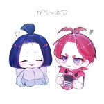  2boys ? ?? alternate_eye_color bangs_pinned_back blue_hair closed_eyes closed_mouth commentary_request dark_blue_hair film_grain forehead highres jacket kurwa_perkele maimaimaigoen male_focus multiple_boys open_mouth purple_eyes red_hair red_jacket shinta_(maimaimaigoen) shirt short_hair smile squiggle thick_eyebrows translation_request wataru_(maimaimaigoen) white_shirt 