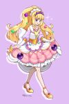  1girl :d apron back_bow blonde_hair blue_bow blue_eyes blunt_bangs blush bow bridal_gauntlets brooch cure_finale curly_sidelocks delicious_party_precure dot_nose frilled_skirt frills full_body hair_ornament heart heart_brooch high_ponytail highres jewelry kasai_amane large_bow long_hair looking_at_viewer magical_girl open_mouth orange_footwear pink_bow pink_skirt plv_276 precure purple_background shoes simple_background skirt skirt_hold smile solo sparkle standing star_(symbol) star_hair_ornament tiara tsurime white_apron white_bow white_bridal_gauntlets 