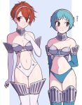  2girls absurdres armor bikini_armor blue_gloves blue_hair blue_theme blush breasts brown_eyes cleavage commentary detached_collar elbow_gloves flying_sweatdrops gloves hairband highres jeff_miga medium_breasts multiple_girls navel persona persona_3 red_eyes red_hair shiomi_kotone short_hair thighhighs white_gloves white_hairband white_thighhighs yamagishi_fuuka 