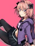  1boy animal_ear_hood animal_hood aqua_belt arm_support arms_behind_back astolfo_(fate) astolfo_(memories_at_trifas)_(fate) black_pantyhose crop_top cropped_jacket cropped_shirt fate/apocrypha fate/grand_order fate_(series) hood hooded_jacket jacket light_blush long_hair male_focus midriff oomori_(kswmr) pantyhose pink_background pleated_skirt pom_pom_(clothes) purple_jacket shadow shirt simple_background sitting skirt smile solo striped_clothes striped_shirt v-neck 