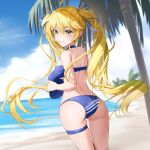  1girl absurdres alternate_costume areluna beach bikini blonde_hair blue_bikini blue_ribbon breasts cloud cowboy_shot day dokibird_(vtuber) from_behind green_eyes hair_ribbon hat highres holding holding_clothes holding_hat indie_virtual_youtuber long_hair looking_at_viewer looking_back medium_breasts outdoors palm_tree ribbon sand sky smile solo standing swimsuit tree twintails unworn_hat unworn_headwear very_long_hair virtual_youtuber water 
