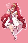  1girl boots bow brooch choker closed_mouth coat cure_ace curly_hair dokidoki!_precure dot_nose full_body hair_bow hair_ornament heart heart_brooch heart_hair_ornament highres jewelry knee_boots long_hair looking_at_viewer madoka_aguri magical_girl plv_276 precure red_background red_eyes red_hair red_skirt ringlets sidelocks simple_background skirt smile solo three_quarter_view twitter_username white_coat white_footwear white_wrist_cuffs wrist_cuffs yellow_choker 