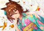  1girl agnes_tachyon_(umamusume) ahoge animal_ears aqua_kimono bangs blue_flower blush brown_hair closed_mouth commentary_request dutch_angle eyebrows_visible_through_hair finger_to_mouth floral_print flower hair_between_eyes hair_flower hair_ornament horse_ears japanese_clothes kimono long_hair long_sleeves looking_at_viewer obi origami paper_crane print_kimono red_eyes sash smile solo tassel umamusume upper_body wide_sleeves yanyo_(ogino_atsuki) yukata 