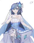  1girl absurdres angdyuangdyu bare_shoulders bird_hair_ornament blue_eyes blue_hair bow closed_mouth dress earrings fu_hua fu_hua_(azure_empyrea) fu_hua_(cerulean_court) grey_hair hair_between_eyes hair_bow hair_ornament halter_dress halterneck highres honkai_(series) honkai_impact_3rd jewelry light_smile long_hair looking_at_viewer multicolored_clothes multicolored_dress official_alternate_costume simple_background single_earring sleeveless sleeveless_dress solo thigh_bow thighhighs wedding_dress white_background white_bow white_dress white_thighhighs 