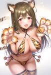  1girl :d ahoge animal_ear_fluff animal_ears animal_hands animal_print bangs bell bikini blush breasts brown_eyes brown_hair collarbone cowboy_shot eyebrows_visible_through_hair flying_sweatdrops fur_collar grey_background hands_up highres idolmaster idolmaster_shiny_colors kuwayama_chiyuki large_breasts long_hair looking_at_viewer navel neck_bell open_mouth paw_pose pom_pom_(clothes) shiny shiny_hair side-tie_bikini smile straight_hair striped striped_bikini striped_legwear sweatdrop swimsuit tail thighhighs tiger_ears tiger_paws tiger_print tiger_stripes tiger_tail urabi_(tomatohouse) very_long_hair 