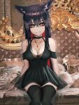  1girl absurd_fox absurdres alternate_costume animal_ear_fluff animal_ears arknights black_dress black_hair breasts closed_mouth dress highres jewelry looking_at_viewer medium_breasts multicolored_hair orange_eyes red_hair sitting smile texas_(arknights) wolf_ears wolf_girl 