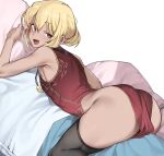  1boy ass ass_focus black_thighhighs blonde_hair blush breasts breasts_out character_request china_dress chinese_clothes copyright_request double-parted_bangs dress fang from_behind hair_bun highres looking_at_viewer looking_back male_focus medium_hair mole mole_on_ass mole_under_each_eye mole_under_eye multiple_moles open_mouth otoko_no_ko pelvic_curtain red_dress red_eyes short_dress sidelocks single_hair_bun sleeveless sleeveless_dress thick_thighs thighhighs thighs top-down_bottom-up urec wide_hips 