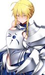  1girl absurdres ahoge arind_yudha armor armored_dress artoria_pendragon_(fate) artoria_pendragon_(lancer)_(fate) blonde_hair blue_dress bracer braid breasts chest_armor closed_mouth dress fate/grand_order fate_(series) green_eyes hair_between_eyes highres pauldrons short_hair_with_long_locks shoulder_armor single_bare_shoulder single_pauldron solo 