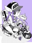  1girl backpack bag baseball_cap bottle commentary_request dr._slump from_above glasses hat highres kabaya_yumiko long_hair looking_at_viewer monochrome motor_vehicle norimaki_arale purple_hair scooter shoes shorts sneakers solo spot_color tank_top winged_hat 