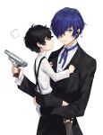  2boys absurdres aged_down amamiya_ren black_hair blue_eyes blue_ribbon butler carrying child child_carry earpiece evoker forgot_something grey_eyes gun hair_over_one_eye highres holding holding_gun holding_weapon in-franchise_crossover looking_at_another looking_to_the_side male_focus multiple_boys persona persona_3 persona_5 pout ribbon short_hair shorts suspender_shorts suspenders sweater upper_body weapon white_background white_sweater yuuki_makoto_(persona_3) 