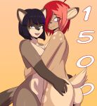 2024 ahoge allie_(flyingtrace) anthro black_hair blush breasts brown_body brown_fur butt chest_tuft curvy_figure deer digital_media_(artwork) duo ena_(flyingtrace) eye_bags female female/female flyingtrace follower_number fur green_eyes hair hair_over_eye hand_on_butt hi_res highlights_(coloring) looking_at_viewer looking_back mammal markings multicolored_body multicolored_fur multicolored_hair nervous nervous_smile nude one_eye_obstructed open_mouth procyonid purple_eyes purple_hair raccoon red_hair sex shaded shy signature simple_background smile spots spotted_body tail text tuft twitter two_tone_body two_tone_hair voluptuous
