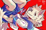2021 anthro biped blue_eyes canid canine canis fur heterochromia hi_res itooku itooku_(character) kemono looking_at_viewer male mammal red_background red_eyes sailor_uniform simple_background slim_anthro slim_male smile smiling_at_viewer solo white_body white_fur wolf