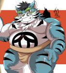  2022 absurd_res anthro asian_clothing belly blue_body blue_fur blush clothing east_asian_clothing felid fur hi_res humanoid_hands japanese_clothing kemono male mammal mawashi moobs overweight overweight_male pantherine raiden_shin&#039;emon sengoku_puzzle solo sumo tiger white_body white_fur yamatoji201 