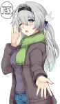  1girl absurdres black_coat black_hairband blush breasts coat commentary english_commentary english_text firefly_(honkai:_star_rail) green_scarf grey_hair grey_sweater hair_intakes hairband hand_up highres honkai:_star_rail honkai_(series) kagurachi long_hair looking_at_viewer medium_breasts one_eye_closed open_clothes open_coat open_mouth purple_eyes ribbed_sweater scarf solo speech_bubble sweater upper_body very_long_hair 