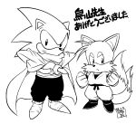2024 2_tails anthro artist_name battle_armor bottomwear canid canine cape cheek_tuft clothed clothing cosplay crossed_arms crossover crossover_cosplay duo eulipotyphlan facial_tuft fist footwear fox gohan hedgehog in_memoriam japanese_text judy_totoya keikogi line_art male mammal martial_arts_uniform miles_prower multi_tail pants piccolo sega shoes sonic_the_hedgehog sonic_the_hedgehog_(series) sportswear tail text tuft