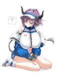  1girl ? animal_ears arknights bare_shoulders black_gloves black_horns blue_jacket breasts brown_eyes commentary_request cow_ears cow_girl cow_tail crop_top fingerless_gloves full_body gloves highres horn/wood horns huge_breasts jacket long_sleeves looking_at_viewer navel off_shoulder puffy_long_sleeves puffy_sleeves purple_hair short_hair sideroca_(arknights) sideroca_(light_breeze)_(arknights) simple_background sitting solo spoken_question_mark stomach tail wariza white_background white_footwear 