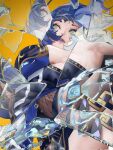  1girl aqua_eyes armpits blue_bodysuit blue_hair blue_lips bodysuit breasts from_below genshin_impact grmm highres hydro_symbol_(genshin_impact) medium_breasts parted_lips refraction shards simple_background solo vision_(genshin_impact) yelan_(genshin_impact) yellow_background 