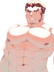  1boy abs akashi_(live_a_hero) bara completely_nude facial_hair goatee highres karamaru_(karamari_11) large_pectorals live_a_hero long_sideburns looking_at_viewer male_focus muscular muscular_male navel nipples nude pectoral_focus pectorals red_eyes red_hair short_hair sideburns smile solo stomach thick_eyebrows white_background 