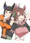  2girls :d absurdres animal_ears black_eyes black_hair breasts brown_eyes brown_hair dantsu_flame_(umamusume) fukushima_haruna gloves highres horse_ears horse_girl kumabachi315 large_breasts looking_at_viewer multiple_girls orange_gloves simple_background smile umamusume upper_body voice_actor_connection white_background 