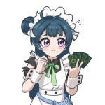  1girl alternate_costume apron blue_hair card closed_mouth crying crying_with_eyes_open cuff_links genjitsu_no_yohane green_ribbon hair_bun highres holding holding_card krakelak long_hair love_live! love_live!_sunshine!! maid_apron maid_headdress purple_eyes ribbon scene_reference single_hair_bun single_side_bun solo tears tsushima_yoshiko white_background 