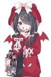  1girl ame-chan_(needy_girl_overdose) black_hair bow demon_wings hair_ornament hair_over_one_eye hood hoodie kabe_(zp66104) long_hair looking_at_viewer needy_girl_overdose red_hoodie red_shirt ribbon shirt solo twintails white_bow white_ribbon wings x_hair_ornament 