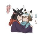  2girls ahoge animal_ears black_hair blue_scarf brown_hair cheval_grand_(umamusume) closed_eyes closed_mouth hair_between_eyes hair_ornament hat horse_ears horse_girl hug kitasan_black_(umamusume) multicolored_hair multiple_girls open_mouth peaked_cap scarf short_hair simple_background streaked_hair translation_request umamusume usako_(umauma0602) white_background white_hair white_headwear 