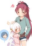  3girls abutomato anger_vein blue_hair blush bow closed_eyes denim denim_shorts hair_bow hair_ornament hand_in_pocket hand_on_another&#039;s_head highres hood hug long_hair mahou_shoujo_madoka_magica mahou_shoujo_madoka_magica:_hangyaku_no_monogatari mahou_shoujo_madoka_magica_(anime) miki_sayaka momoe_nagisa multiple_girls ponytail red_eyes red_hair sakura_kyoko scrunchie short_hair shorts simple_background squiggle sweatdrop two_side_up wavy_mouth white_background white_hair 