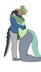 alligator alligatorid anthro arm_on_shoulder blue_body blue_skin bottomwear clothing crocodilian disney dump_lings_png duo embrace eyes_closed face_to_face female footwear hair hand_on_back hand_on_shoulder hat headgear headwear hi_res holding_each_other hug kneeling larger_female loch_ness_monster long_ears long_sleeve_shirt lucas_rodgers_(dump_lings_png) male male/female nessie_(disney) orange_hair pants plaid reptile scalie scarf shoes simple_background size_difference slightly_open_mouth smaller_male smile standing tail tam_o&#039;_shanter tartan_scarf the_ballad_of_nessie