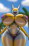 alternate_color anthro big_breasts bikini breasts camel_toe chameloshi clothing curvy_figure female generation_3_pokemon hi_res hourglass_figure huge_breasts hyper hyper_breasts latias legendary_pokemon looking_at_viewer navel nintendo nipple_outline pokemon pokemon_(species) shiny_pokemon solo swimwear thick_thighs wide_hips