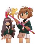  2girls antenna_hair black_eyes black_hair bleedman brown_hair cardcaptor_sakura cropped_legs daidouji_tomoyo green_eyes hair_bobbles hair_ornament hairband highres holding holding_wand kero kinomoto_sakura looking_at_viewer multiple_girls school_uniform serafuku short_hair simple_background skirt smile tomoeda_elementary_school_uniform wand white_background white_skirt 