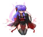  animal_ears arm_up aura belt belt_bow black_dress black_thighhighs blush bow cat_ears cat_tail chinese_clothes double_bun dress earrings flower hair_bun hair_ornament hand_on_own_head highres jewelry kneeling long_hair long_sleeves playing_with_own_hair purple_eyes purple_hair ranma_1/2 red_dress robe shampoo_(ranma_1/2) signature tail tassel tassel_earrings thighhighs two-tone_belt two-tone_dress wanta_(futoshi) white_background 