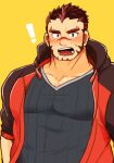  ! 1boy :d akashi_(live_a_hero) bara facial_hair goatee large_pectorals live_a_hero long_sideburns male_focus muscular muscular_male nattukre official_alternate_costume pectorals red_eyes red_hair scar scar_on_face scar_on_nose short_hair sideburns smile solo thick_eyebrows upper_body 